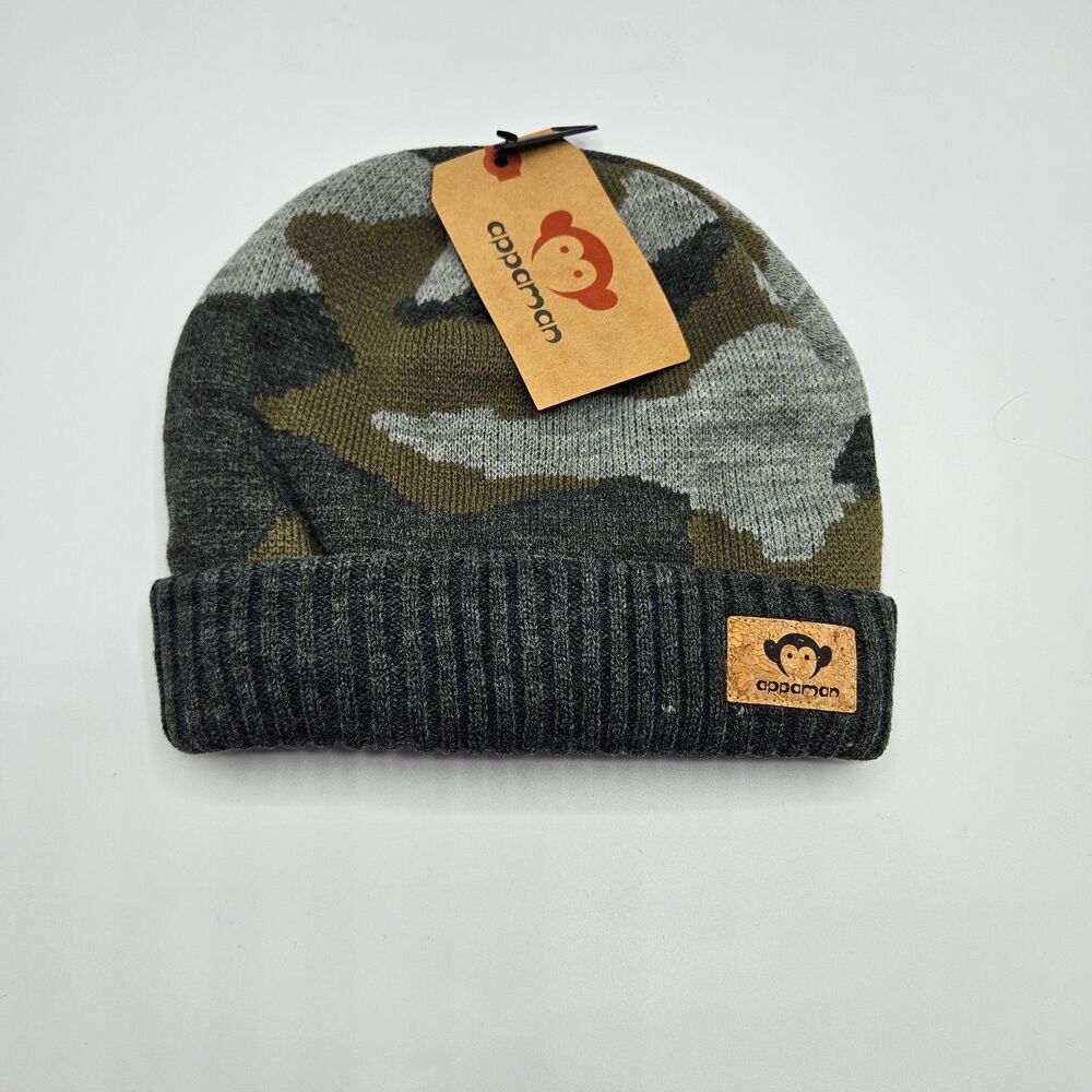 Appaman Kids Beanie 8–10Y Camo Knit Hat Fleece Lined Gray Green‎ NWT
